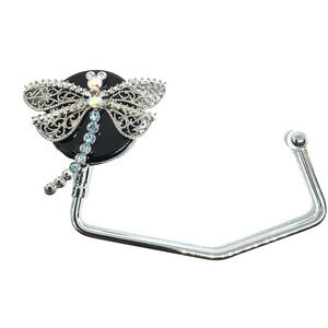 BLING DRAGONFLY PURSE BAG HOOK HOLDER BLACK SILVER FOLDING HANDBAG TABLE HANGER